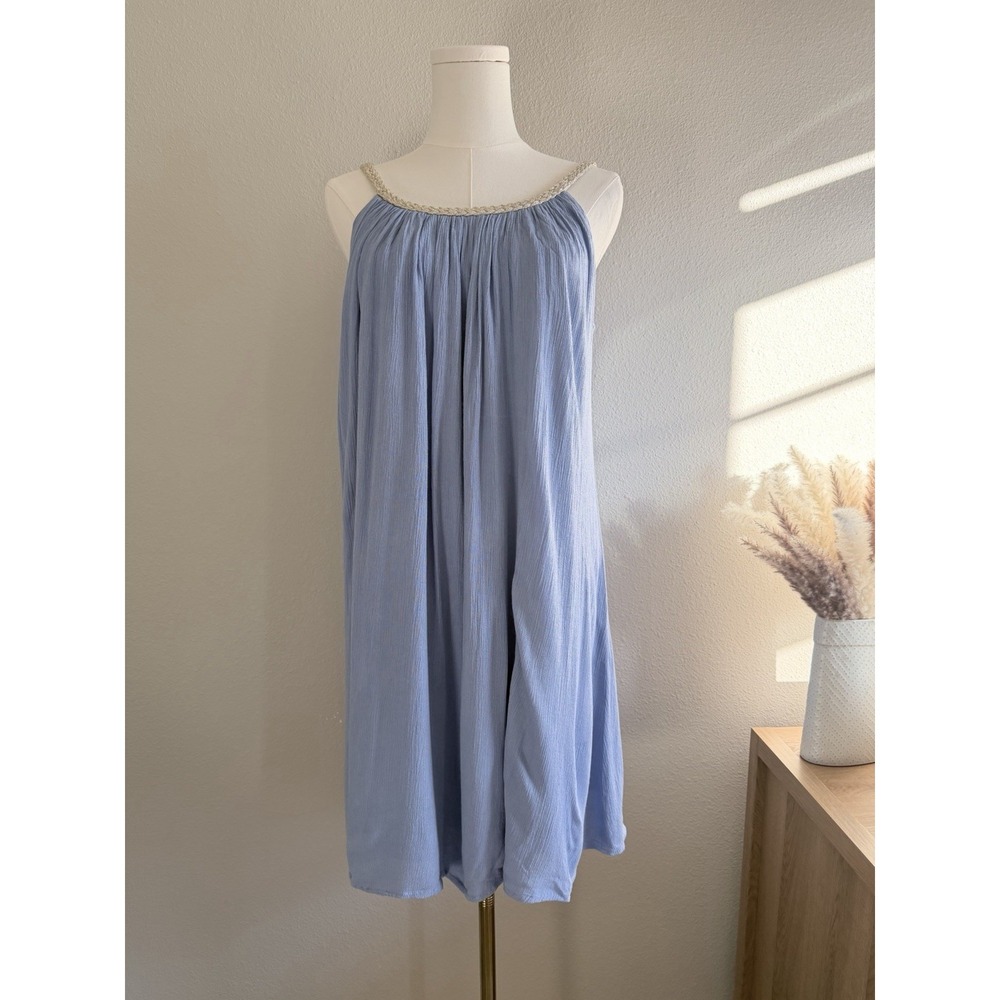 Nina Leonard Light Blue Sundress Braided Trim Boat Neck Sleeveless Size L